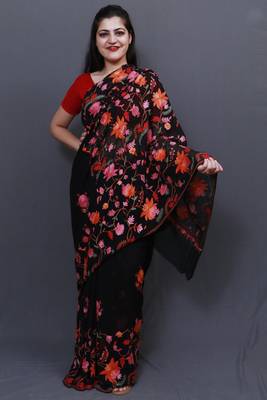 Charcoal Black Colour Saree With Dense Aari Jaal On Pallu And Flowral Motifs. 2