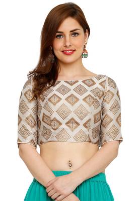 White Banglori Brocade Silk Readymade Padded Blouse 1