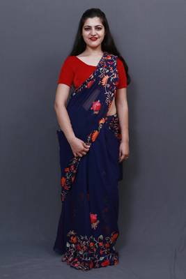 Navy Blue Colour Saree With Dense Aari Jaal On Pallu And Beautiful Flowral Motifs. 1