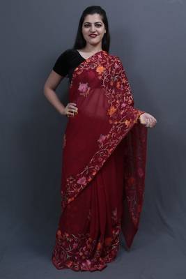 Maroon Colour Saree With Dense Aari Jaal On Pallu And Flowral Motifs. 1