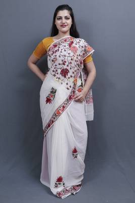 Pure White Colour Kashida Work Saree With Wonderful Designing On Border And Chinaar Jaal On Pallu. 1
