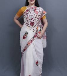 Pure White Colour Kashida Work Saree With Wonderful Designing On Border And Chinaar Jaal On Pallu.