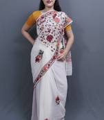 Pure White Colour Kashida Work Saree With Wonderful Designing On Border And Chinaar Jaal On Pallu.