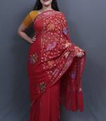 Red Colour Kashida Work Saree With Wonderful Designing On Border And Chinaar Jaal On Pallu.