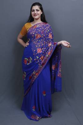 Royal Blue Colour Kashida Work Saree With Wonderful Designing On Border And Chinaar Jaal On Pallu. 1