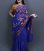 Royal Blue Colour Kashida Work Saree With Wonderful Designing On Border And Chinaar Jaal On Pallu.