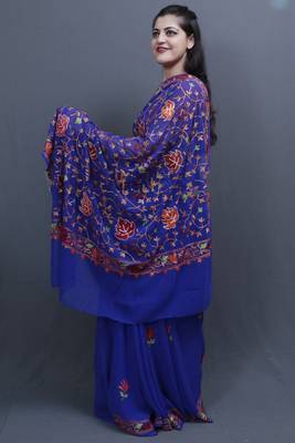 Royal Blue Colour Kashida Work Saree With Wonderful Designing On Border And Chinaar Jaal On Pallu. 2