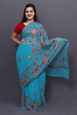 Ferozi Colour Kashida Work Saree With Wonderful Multi Coloured Jaal On Pallu Gives Royal Look. 1