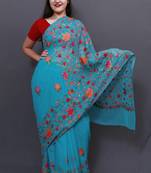 Ferozi Colour Kashida Work Saree With Wonderful Multi Coloured Jaal On Pallu Gives Royal Look.