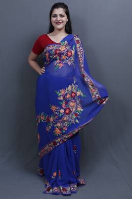 Royal Blue Colour Saree With Aari Work Border And Bold Paisleys Make The Saree Unique And Attractive 1