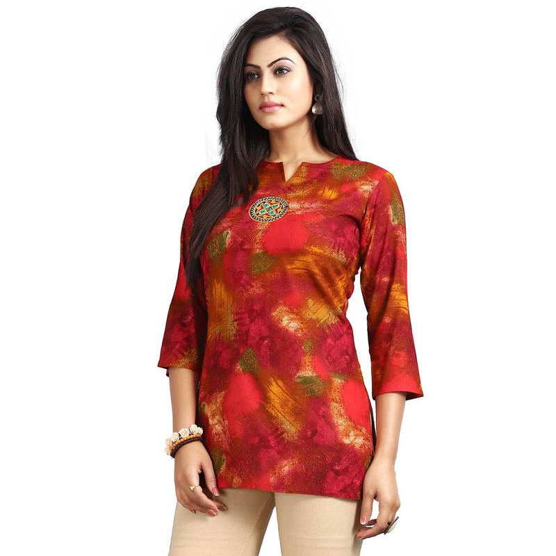 Red printed rayon tops