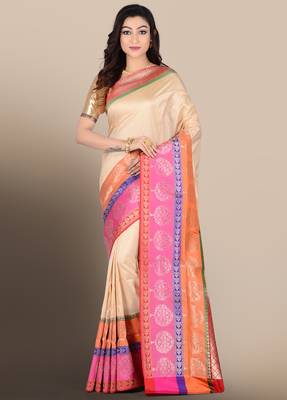 Cream woven pure silk saree with blouse 1