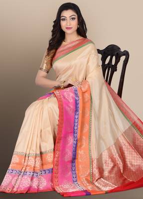 Cream woven pure silk saree with blouse 3