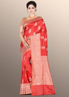 Red woven pure silk saree with blouse 1