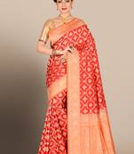 Red woven pure silk saree with blouse