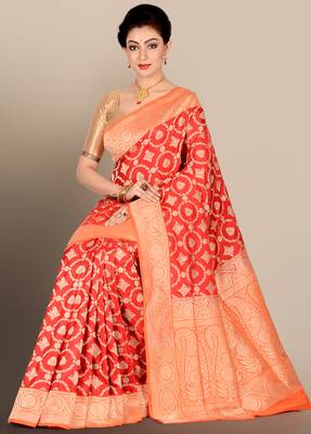 Red woven pure silk saree with blouse 3