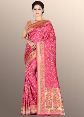 Pink woven pure silk saree with blouse 1