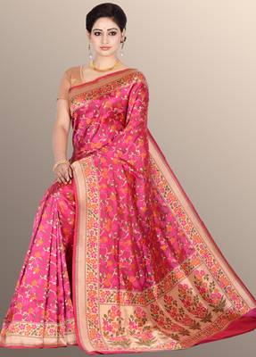 Pink woven pure silk saree with blouse 3