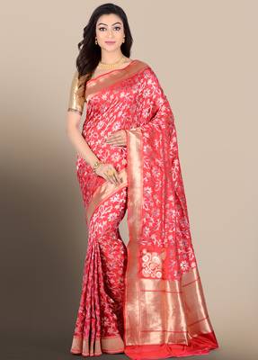 Red woven pure silk saree with blouse 1