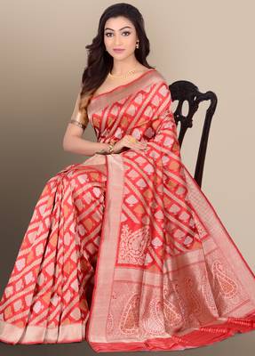 Red woven pure silk saree with blouse 3