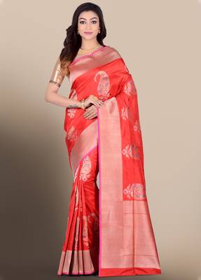 Red woven pure silk saree with blouse 1
