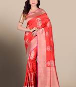 Red woven pure silk saree with blouse