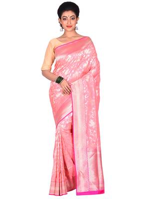 Pink woven pure silk saree with blouse 1