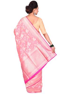 Pink woven pure silk saree with blouse 2