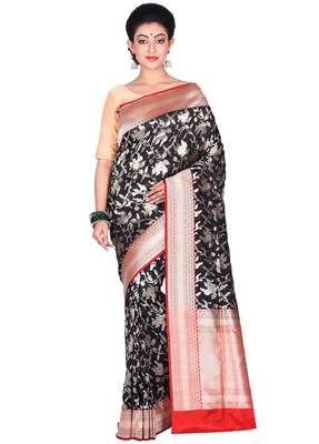 Black woven pure silk saree with blouse 1