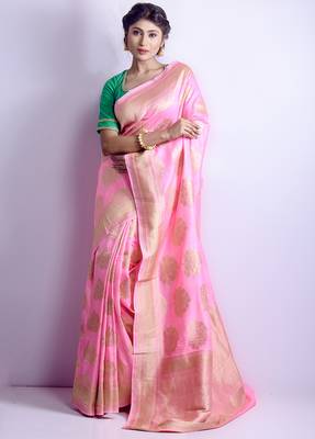 Pink woven pure silk saree with blouse 1