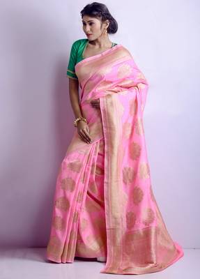 Pink woven pure silk saree with blouse 2