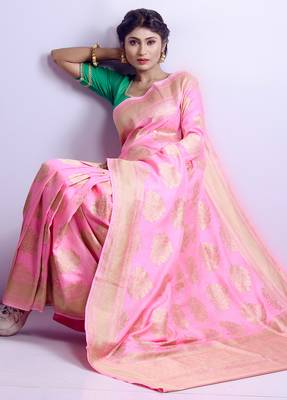 Pink woven pure silk saree with blouse 3