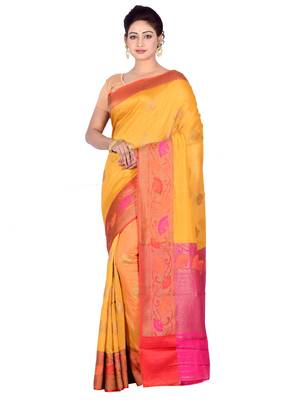 Yellow woven pure silk saree with blouse 1