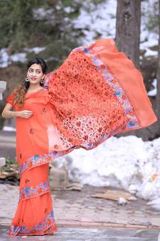 Rust Brown Kashmiri Aari Work Saree Enriched With Floral Paisley Pattern