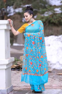 Sea Blue Color Kashmiri Aari Work Embroidered Saree Enriched With Floral Paisley Pattern 1