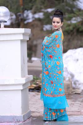 Sea Blue Color Kashmiri Aari Work Embroidered Saree Enriched With Floral Paisley Pattern 2