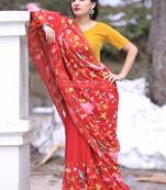 Ravishing Red Color Kashmiri Aari Work Embroidered Saree Enriched With Floral Paisley Pattern