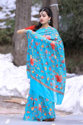 Sea Green Color Kashmiri Aari Work Embroidered Saree Enriched With Floral Paisley Pattern 1