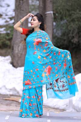 Sea Green Color Kashmiri Aari Work Embroidered Saree Enriched With Floral Paisley Pattern 3