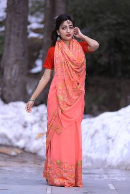 Carrot Pink Color Kashmiri Aari Work Embroidered Saree Enriched With Floral Paisley Pattern 1