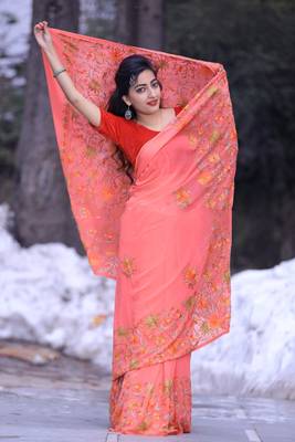 Carrot Pink Color Kashmiri Aari Work Embroidered Saree Enriched With Floral Paisley Pattern 2