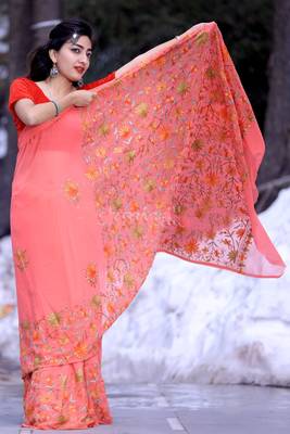 Carrot Pink Color Kashmiri Aari Work Embroidered Saree Enriched With Floral Paisley Pattern 3