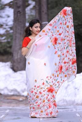 White Color Kashmiri Work Embroidered Saree Enriched With Running Jaal Pattern 3