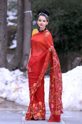 Maroon Colour Kashmiri Aari Work Embroidered Sarees Enriched With Floral Paisley Pattern 2
