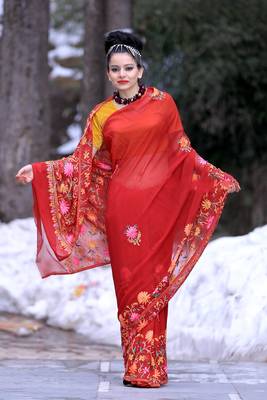 Maroon Colour Kashmiri Aari Work Embroidered Sarees Enriched With Floral Paisley Pattern 3