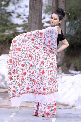 Creamy White Color Kashmiri Work Embroidered Saree Enriched With Running Jaal Pattern 1
