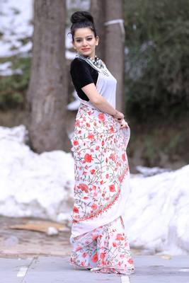 Creamy White Color Kashmiri Work Embroidered Saree Enriched With Running Jaal Pattern 3
