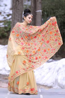 Beige Color Kashmiri Aari Work Embroidered Sarees Enriched With Floral Paisley 3