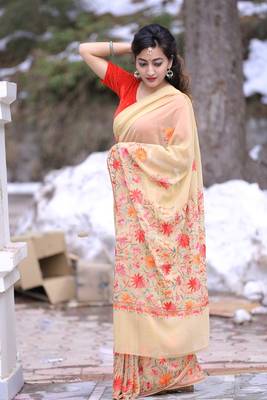 Superior Beige Colour Kashmiri Saree With Multi Colour Embroidery 1