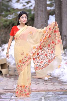 Superior Beige Colour Kashmiri Saree With Multi Colour Embroidery 3